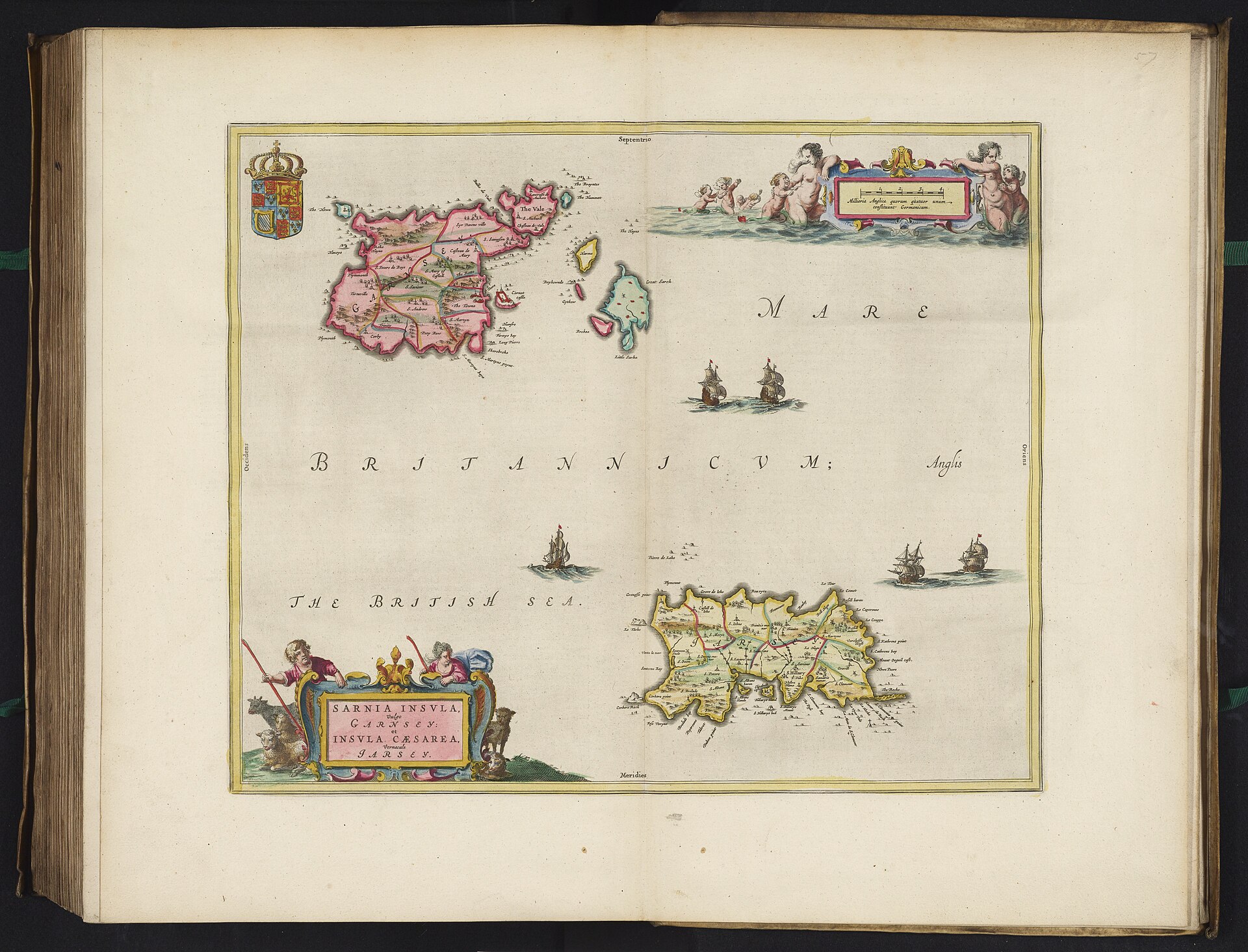 Decorative seventeenth-century map of Guernsey and Jersey by Joan Blaeu.