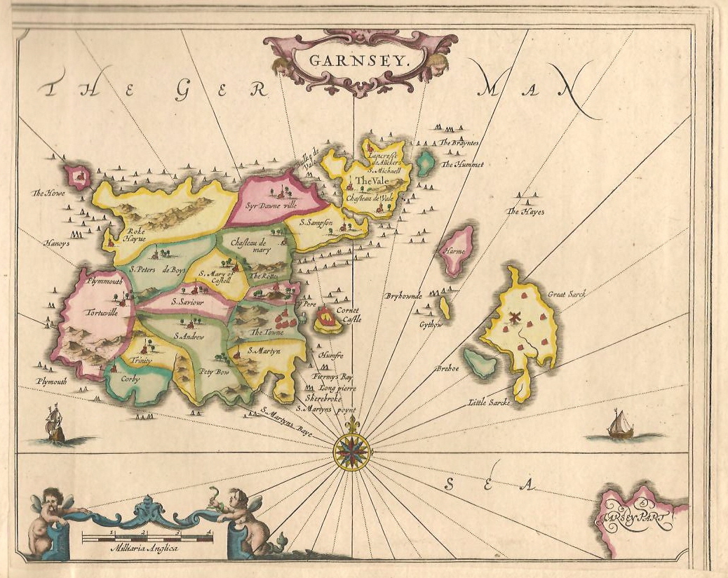 Historic map of Guernsey showing the island, parishes and surrounding Channel Islands.