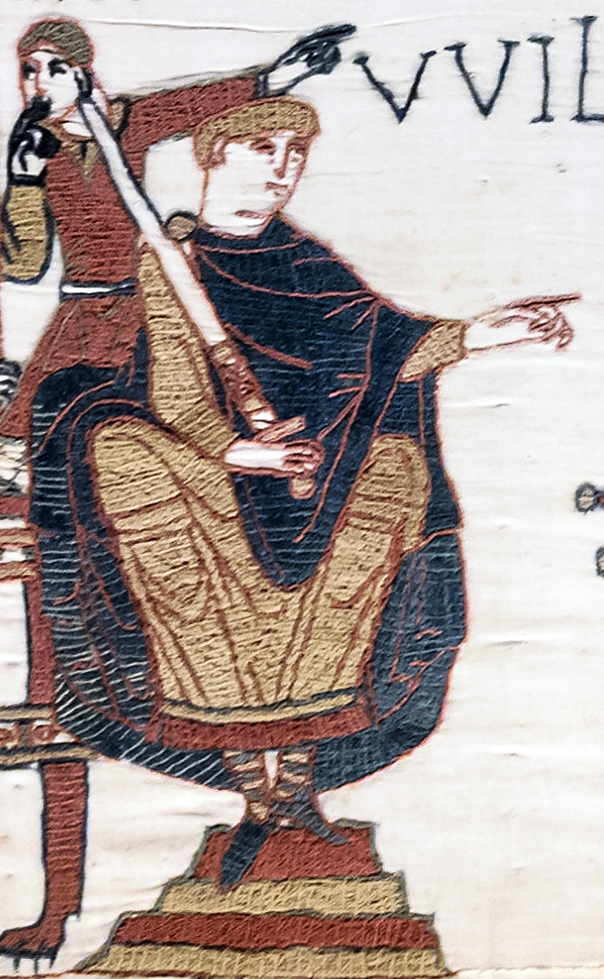 Bayeux Tapestry scene showing Duke William seated with attendants.